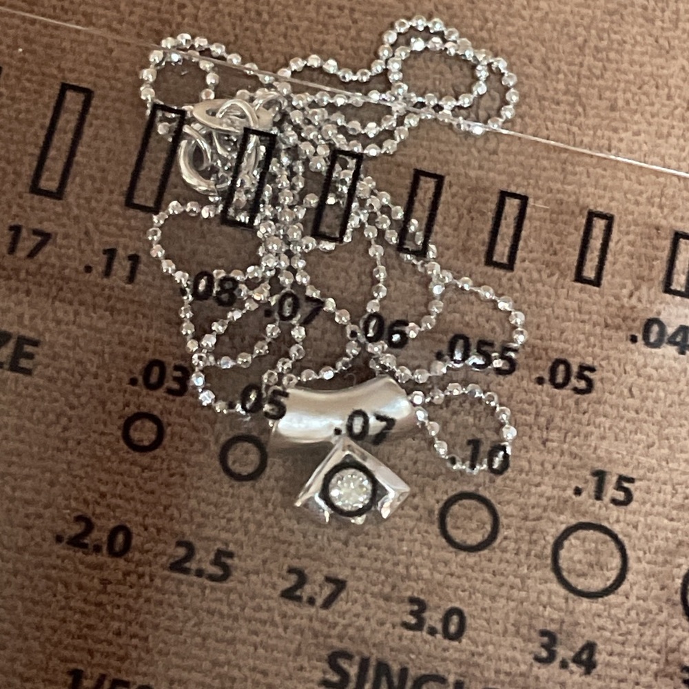 Vintage Solid White Gold 18K Natural Diamond Solitaire Pendant 14K Bead Necklace - Picture 12 of 16